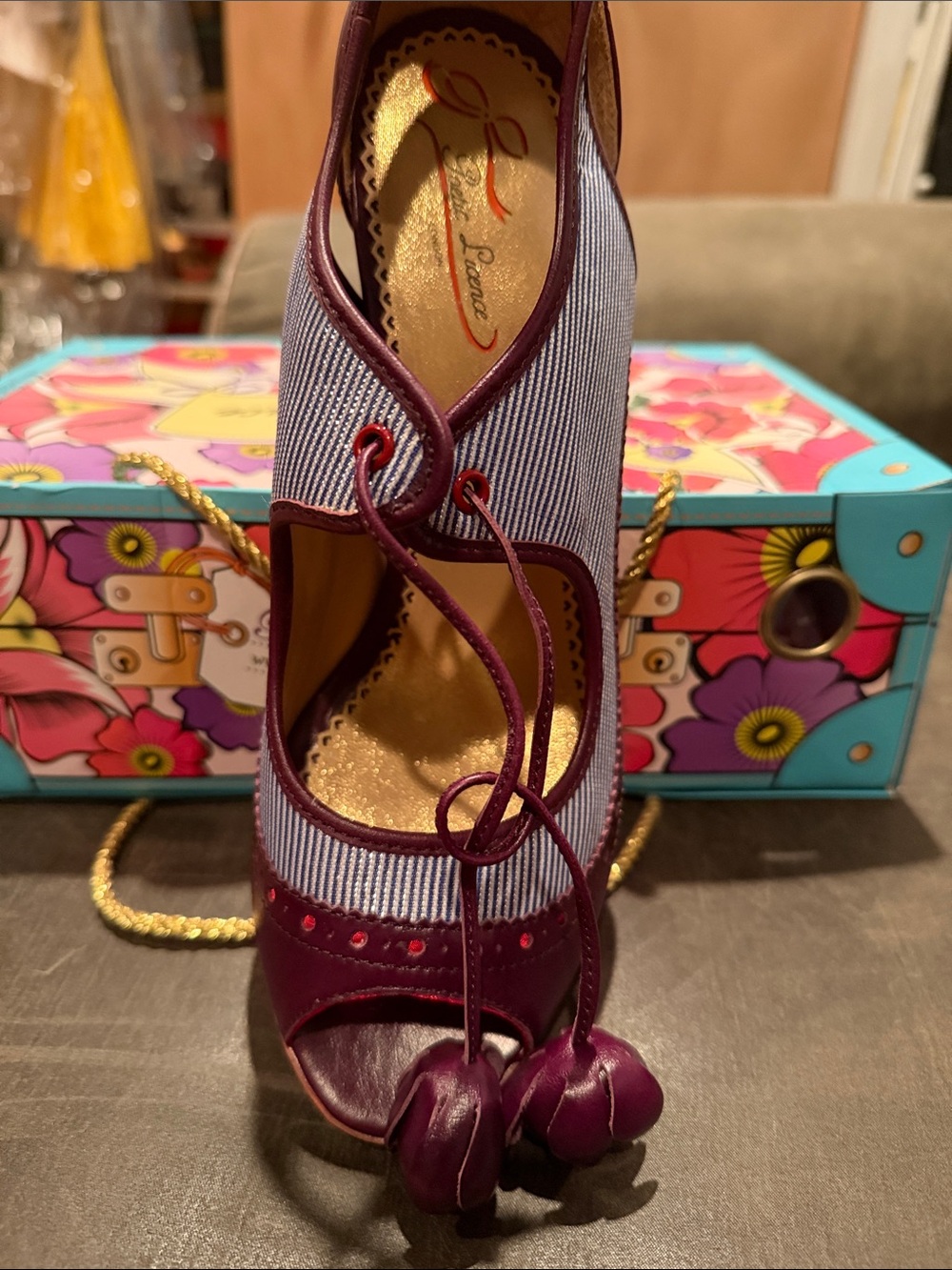 Poetic License Plum and Gray Peep-Toe Lace-Up Heel with Tassels - Picture 3 of 5